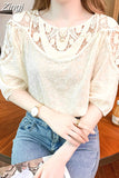 Sleeve Casual Summer Blouse Fashion Embroidered Lace Women's Loose Elegant Blue Tops O Neck Flowers Cotton Shirts