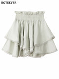 Vintage Ladies 2 Pieces Shorts Set V-neck Puff Sleeve Blouses &amp; Ruffles Elastic Waist Shorts 2022 Women Summer