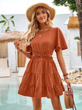 New Fresh Dress Women's Round Collar Hollow Short Sleeve Waist