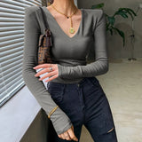 T-shirt Women's Long Sleeves V-neck Tops Autumn 2021 Cushioned Shoulder Tops Slim Bottoms Clothes New Office Lady