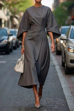 Women's Fashion Temperament Elegant Solid Color Waist Dress Casual Bat Sleeve