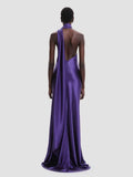 Purple Satin Halter Neck 3D Flower Design Backless Maxi Dress- Outfit