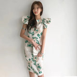 Women Sexy Puff Sleeve Bodycon Dress Office Lady Elegant Slim Waist Female Floral Print