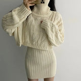 Autumn And Winter French Gentle Hemp High-Necked Short Sweater + Knitted Skirt