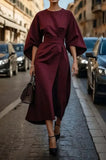 Women's Fashion Temperament Elegant Solid Color Waist Dress Casual Bat Sleeve