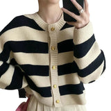 Zingj Style Bump Color Stripe Round Collar Small Sweet Wind Knitting Cardigan Female Spring And Autumn French Loose Short Money Outside Build Sweater Coat-Outfit