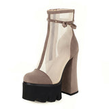 New Super High Heel Fashion Net Boots Women Flock Platform Zipper Ankle Boots Spring Summer Thick Heel Round Toe