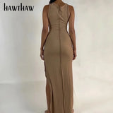Women Summer Patchwork Bodycon Solid Color Sleeveless Split Long Tank Dress 2021 Female Clothing Streetwear