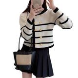 Zingj 2023 New Korean Version Loose Lazy Round Collar Striped Cardigan Design Sense Female Bump Color Sweater Coat-Outfit