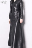Spring Autumn Extra Long Red Black Fitted Soft Faux Leather Coat Women with Chinese Knot Buttons V Neck Designer