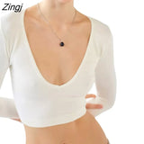 Women Spring Summer Ribbed Crop Top Long Sleeve U Neck Solid Color Slim Fit T-shirt 2023 Streetwear Black/White/Green/Rose