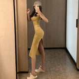 Short Sleeve O-Neck Stretchy Split Dress Women Solid Casual Elegant Robe Bodycon Maxi