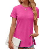 Zingj 2024 New Round Collar Solid Color Slit Short-Sleeve Loose T-Shirt Top-Outfit