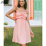 Blue Short Tie Frill A-Shape Mini Dress For Woman Sexy Spaghetti Straps Beach Holiday Dress 2023 Summer Sundress