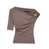 Set Asymmetric Coat 2025 Summer Folded Single-Sleeved Elastic Body Trim Women's T-Shirt
