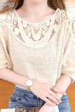 Sleeve Casual Summer Blouse Fashion Embroidered Lace Women's Loose Elegant Blue Tops O Neck Flowers Cotton Shirts