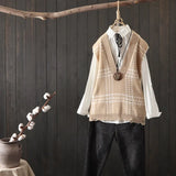 fan knitted vest women's 2021 autumn new style literary fan V-neck vest waistcoat plaid sleeveless pullover