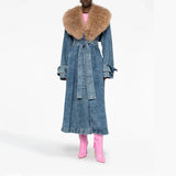 Zingj Spring New Fashion Temperament Can Be Removed Wool Collar Design Sense Waist Show Thin Denim Trench Coat Female Long