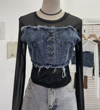 Vintage Babes Cowboy Spliced Tiring Strapped With Long Sleeves Short Mesh T-Shirt