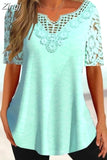 Lace Short Sleeve Blouse Women Elegant V Neck Sweet Tops Mujer Ladies Casual Slim Shirt Simple Hollow Stitching