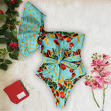 Retro One Piece Swimsuit Women Swimwear Push Up Monokini Print Bandage One shoulder Bathing Suit Bodysuit Beach Wear