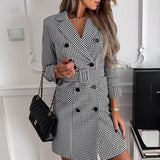 Lady Blazer Dress Women Notched Double Breasted Houndstooth print dress Elegant Autumn Long sleeve With Belt Dress