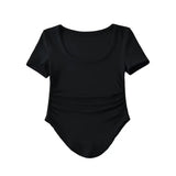 Zingj Trendy Women's Wear U-Collar Ant Waist Tight Pleated Short-Sleeved T-Shirt Spice Girl Curved Hem Sexy