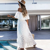 Maxi Party Dress for Women 2021 Summer Off The Shoulder Sexy Lace Dresses Woman Bohemian Asymmetrical Short Sleeves