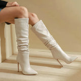 Women Faux Leather Pleated Fashion Knee High Boots Sexy Thin High Heel Slip On Long Boots Ladies Pointed Toe Autumn Winter