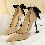Zingj Korean Version Sexy Skinny High-Heeled Shoes Women's Shoes With High Heel Suede Shallow Pointed Bow Single