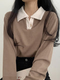 SUCHCUTE Solid Polo Knitted Top Tee Casual Autumn Winter Long Sleeve Women T-shirts Korean Fashion Button Up Preppy Style