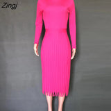 Women Knitted Long Dress Ribbed Elegant Midi Bodycon Sweater Dress Official Ladies Bandage Pleated Dresses