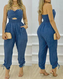 Summer Women's Sexy Bandeau Cutout Shirred Pocket Design Jumpsuit Casual Sleeveless Long Pants Off