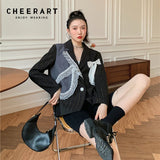 Black Lace Patchwork Blazer Women Fall Korean Fashion Striped Bow Designer Jackets For Women 2021 Autumn
