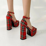 INS Gingham Women Sandals Fashion Platform Square High Heels Sandals Luxury Brand Punk Female Shoes Size