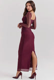 Burgundy Sheer Long Sleeve Bodycon Maxi Dress- Outfit