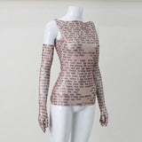Mesh Letter Print Sleeveless Top With Gloves-Outfit