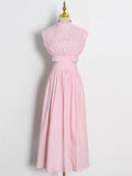 fashion solid color women's dress new half high collar hollow waist sleeveless mid-calf dresses femalke summer 2023