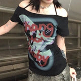Halter Letter Print Tops Women Sexy Off Shoulder Tshirts Harajuku Bottoming Casual Tee Y2k Aesthetic Grunge
