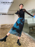 Butterfly Blue High Fashion Mesh Skirts For Women 2022 Summer High Waisted A Line Long Midi Skirt Designer