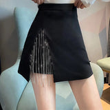 Black Side Split Rhinestone Fringe Mini Skirt- Outfit