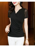 Elegant T Shirts Women Crossed V Neck Mesh Pleated Tops Tees Female Short Sleeve Stretchy Slim
