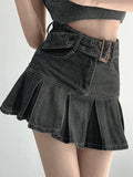 Buckle Belt Pleated Denim Mini Skirt- Outfit