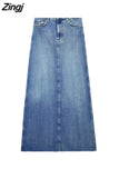 vaquera azul para mujer, falda larga de Jean, Falda de tubo de cintura alta descolorida, Falda Midi deshilachada con abertura,