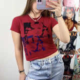 Women Cotton T-shirt Face Print Short Sleeve Slim Fit Crop Top Summer Sweats Tees Casual O-neck Tshirt Gothic