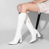 Fashion Knee High Boots Autumn Winter Women Pu Leather Square High Heel Western Boots Pointed Toe Zipper Woman Shoes