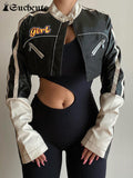 SUCHCUTE Moto Long Sleeve Patchwork Women's Black Crop Jacket Letter Print Fashion Casual Punk Style Coats Jackets Gothic