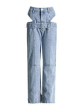 Hot Girl Wind 2025 New High Waist Design Sense Hollow Out Waist With Jeans Solid Color Straight Pants