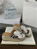 Version! Zhao Luth The Same ~ One-Word Cool Slippers Women's Summer Wearing Grass Pine Shoes Thick-Soled High-Heeled