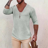 Mens New Autumn Casual Skinny Long Sleeve V-Neck Tee Shirt 2022 Fashion All-match Tops Pullover Retro Rib Solid Knitted
